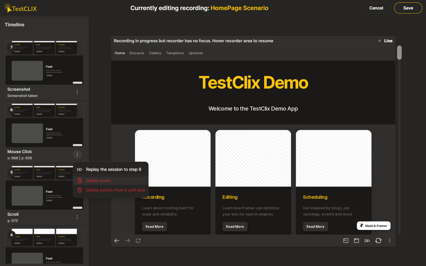 Editing tests with TestCLIX is as intuitive as editing a video. The
        platform gives you the flexibility to rearrange or remove user steps
        easily. It ensures your scenario tests remain effective and relevant,
        even as you continue to expand and change your website's UI.
