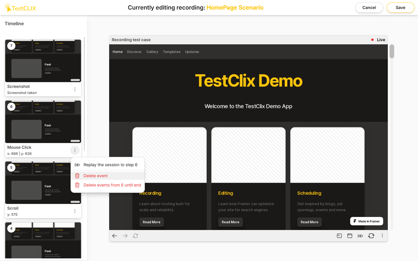 Editing tests with TestCLIX is as intuitive as editing a video. The
        platform gives you the flexibility to rearrange or remove user steps
        easily. It ensures your scenario tests remain effective and relevant,
        even as you continue to expand and change your website's UI.